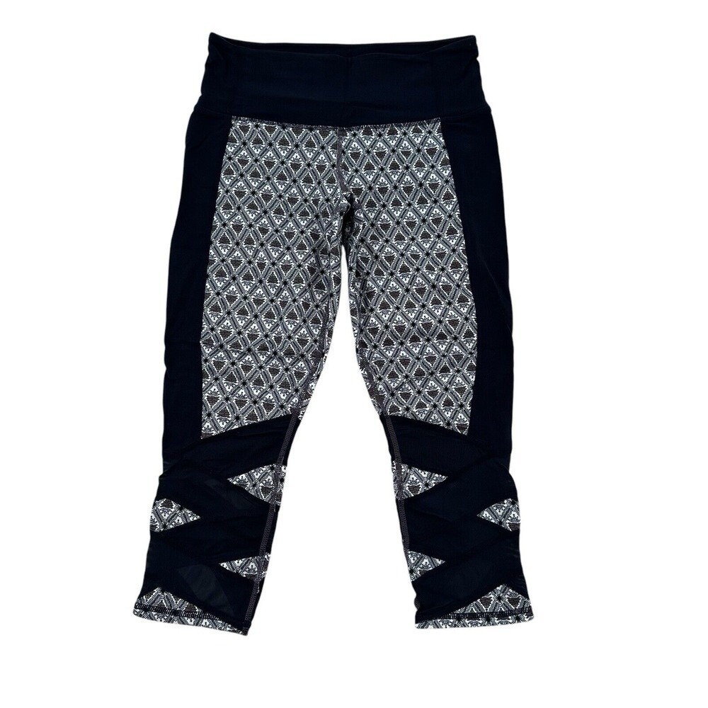 Athleta Women SP Highline Chaturanga Capri Leggings Navy Blue White Geometric